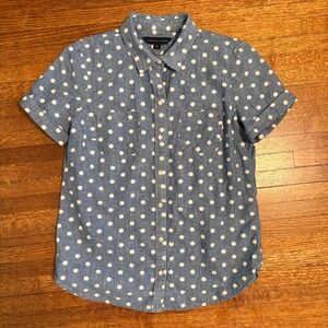 Tommy Hilfiger Women's S Chambray Polka Dot Button Front Short Sleeve Shirt Top‎